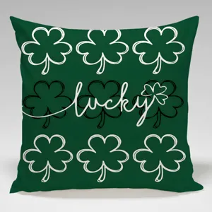 St. Patrick's Day green shamrock clover lucky printed square pillowcase detail view.