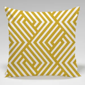 Dettaglio copricuscino geometrico moderno, design in tessuto a righe giallo e bianco.