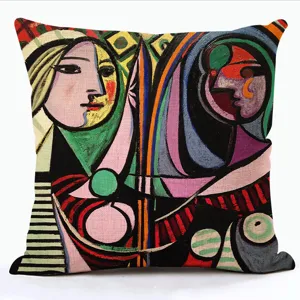 Housse de coussin art abstrait, taie decorative visage cubisme pour canape lit deco maison.