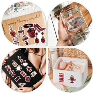 Red decorative vintage scrapbooking stickers detail showcase showing versatile application on objects.