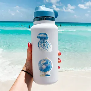 White water bottle featuring aesthetic blue jellyfish and globe stickers for daily beach use.