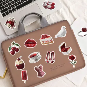Aesthetic red stickers set for laptop and phone decoration, waterproof vinyl decal pack.