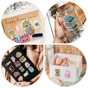Back to school stationery stickers detail showing cute book backpack and brush designs.