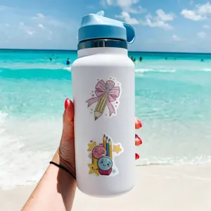Cute back-to-school stationery stickers set on a white water bottle, waterproof and decorative.