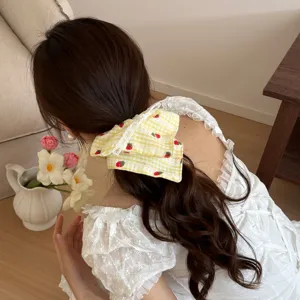 Fascia per capelli fiocco pizzo quadretti fragola dolce donna, elastico per coda di cavallo.