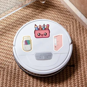 Back-to-school cute stationery sticker detail view showing waterproof cartoon pencil case design.