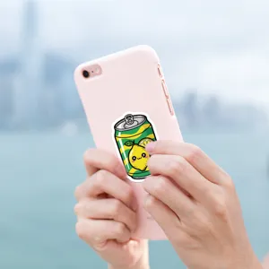 Waterproof cute lemon soda can cartoon sticker detail view for phone case decoration use.