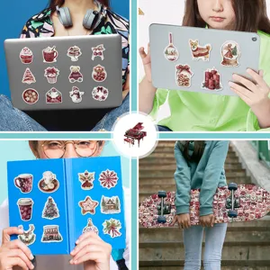 Waterproof burgundy Christmas stickers, cute holiday decorative decals for laptop skateboard.