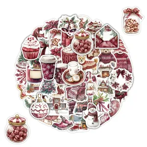 50pcs Burgundy Christmas Stickers Waterproof Vinyl Decals for Journal Guitar Skateboard