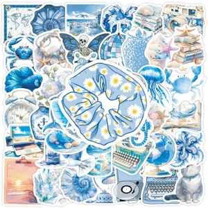 Blue aesthetic coastal stickers pack, waterproof vinyl decals for water bottle laptop luggage.