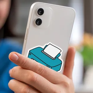 Waterproof decorative sticker featuring a cute teal mini printer design for phone or water bottle.