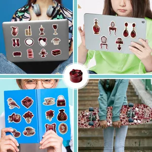 Waterproof red vintage stickers, 50pcs retro aesthetic graffiti decals for laptop phone.
