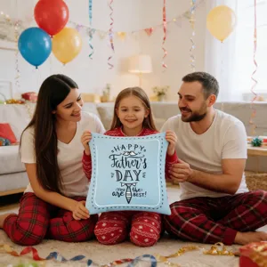 Vatertag quadratischer Kissenbezug mit Familiendesign, gemütliche Wohnzimmerdeko.