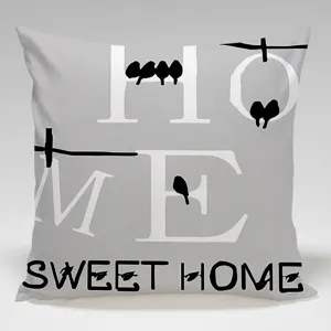 Funda de cojín decorativa gris con diseño tipográfico de aves home sweet home.