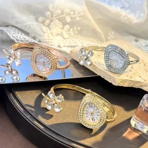Women Bangle Watch Four Leaf Clover Water Drop Shaped Rhinestone Artificial Pearl Open Cuff Quartz Bracelet Watch Jewelry