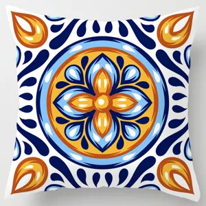 Nordic geometric ethnic style throw pillow cover, vibrant blue and orange tile pattern.