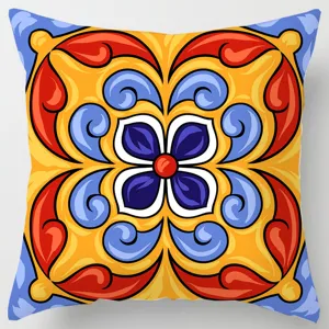 Vibrant Mediterranean tile pattern throw pillow cover, stylish geometric decorative pillow.