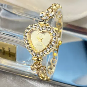Women gold quartz watch heart dial crystal clover fashion rhinestone wrist watch gift