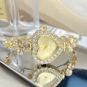 Gold heart shaped dial rhinestone clover bracelet quartz watch for women fashion new