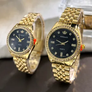 Goldenes Quarz Paar Uhrenset mit schwarzem Strass Zifferblatt, elegante Modeuhr.