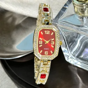 Women Rhinestone Quartz Watch Elegant Red Dial Gold Chain Bracelet Watch Fashion Gift