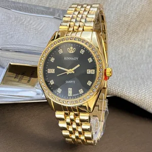 Elegante goldene Quarzuhr mit schwarzem Zifferblatt Strasslünette und Metallarmband