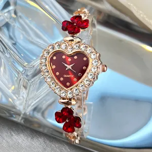 Women fashion heart quartz watch crystal red clover rhinestone rose gold bracelet timepiece