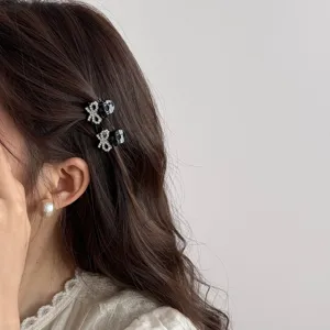 Cute rhinestone bow mini hair claw clips set for side bangs and sweet princess hairstyles.