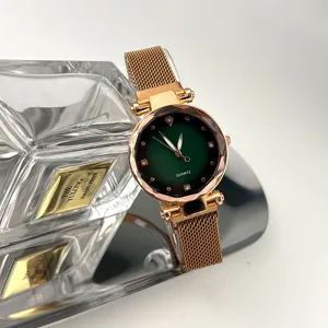 Grünes Zifferblatt Roségold magnetisches Mesh-Armband Quarzuhr Detailansicht Damenuhr