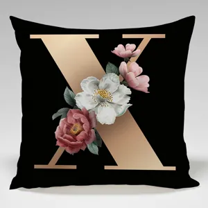 Black gold letter X throw pillow cover with vintage floral design for sofa and bed decor.