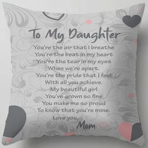 Detailed view of letter to daughter peach skin velvet pillow cover with heartwarming text.
