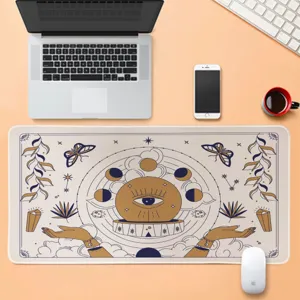 Grande tappetino da scrivania gaming con design mistico di occhio celeste e fasi lunari per ufficio.