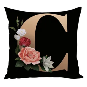 Black gold letter C throw pillow cover with vintage rose flowers for sofa home decor.