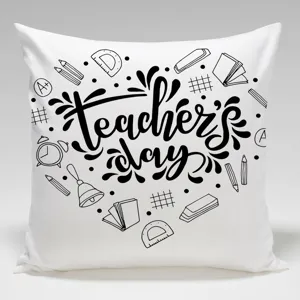 Cojín cuadrado del día del maestro decoración de sofá con diseño de útiles escolares.