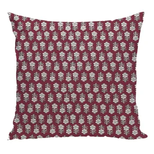 Red floral block print square pillow cover for home sofa bedroom decor cozy cushion case.