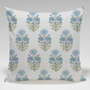 White floral block print square throw pillow cover for cozy home bedroom sofa decoration.