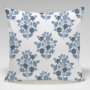 Blue and white floral square throw pillow cover, boho botanical design for home sofa decor.