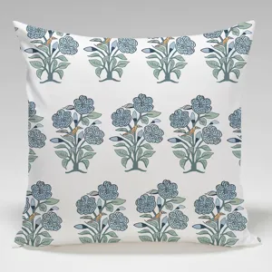Botanical floral throw pillow cover with blue flowers and green leaves for home bedroom decor.