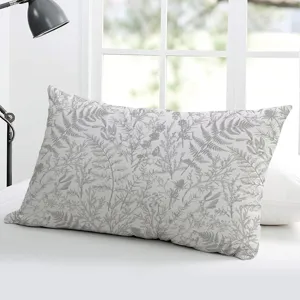 Close-up view of the detailed grey botanical sketch pattern on the long pillowcase.
