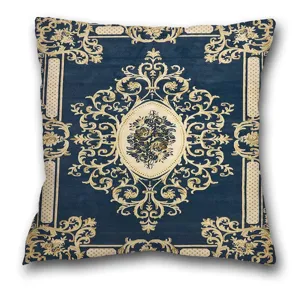 Detailansicht des barocken blau-goldenen Kissenbezugs im persischen Blumen-Muster-Design.