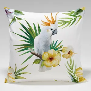 Detail view of tropical cockatoo and floral watercolor print peach skin throw pillow cover.