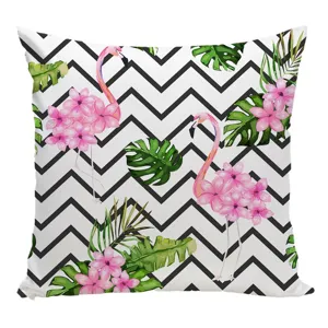 Tropical flamingo throw pillow cover, vibrant floral and palm leaf chevron pattern square cushion