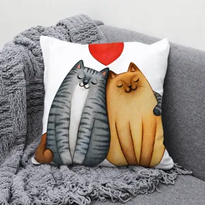 Housse de coussin chat mignon couple, taie oreiller cœur rouge romantique salon canapé.