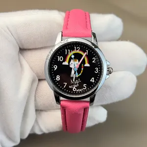 Niedliche Cartoon Katze Regenbogen Kinder Quarzuhr Legierungsgehäuse PU Lederarmband Schüler Analog Armbanduhr Für Mädchen Jungen