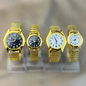 Goldfarbene Elastikband-Quarzuhr im Set mit gut lesbarem Zifferblatt für Paare und Senioren.
