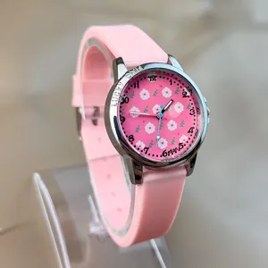 Schöne rosa Kinder Quarzarmbanduhr mit Blumenmuster und Silikonarmband für tolle Schülerinnen.