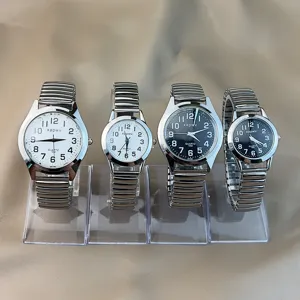 Edelstahl Dehnband Uhr Paarset mit schwarzem und weissem Zifferblatt fuer Paare.
