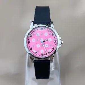 Kinder Quarzuhr mit schwarzem Armband und rosa Blumen Zifferblatt für Studenten.