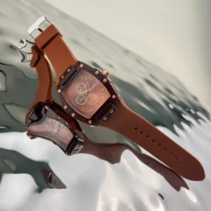 Orologio al quarzo tonneau trasparente con cinturino marrone, elegante orologio per uso quotidiano.