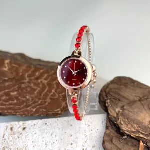 Elegant women quartz watch with red dial and crystal rhinestone bracelet detailed view